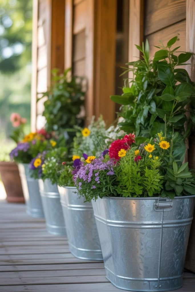 Galvanized bucket farmhouse flower pot setup.