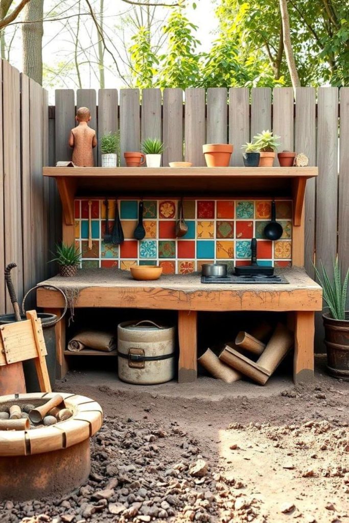 Garden bench outdoor mud cooking spot