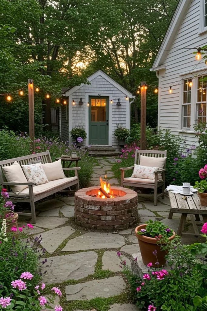 Garden flower surrounded cozy fire pit