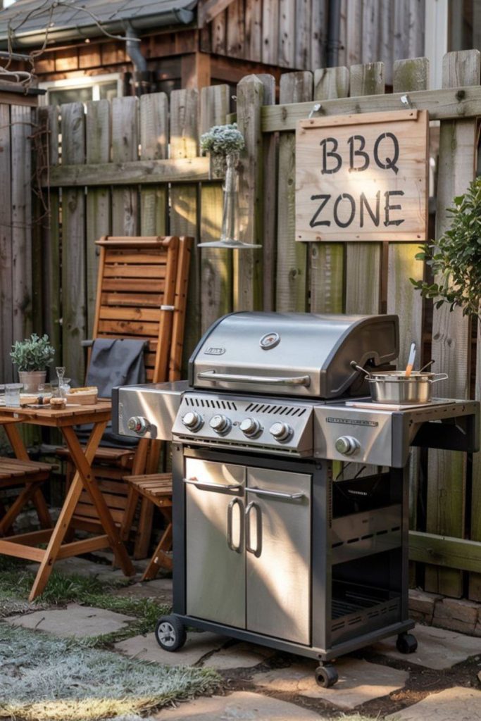Fence corner BBQ cozy garden nook.