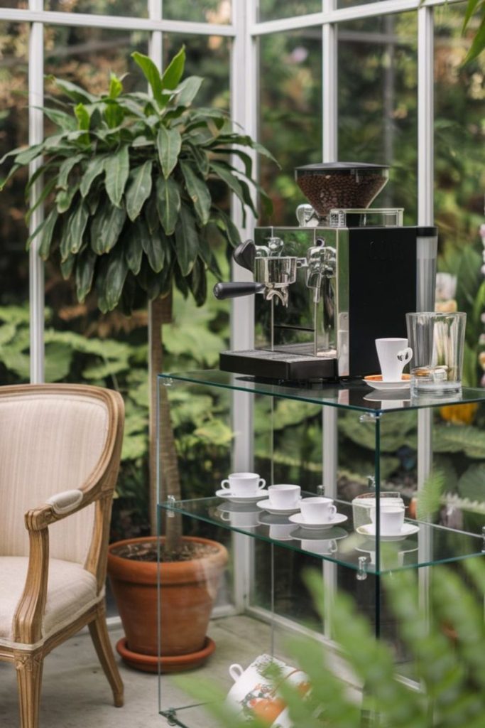Garden oasis greenery filled coffee bar setup.