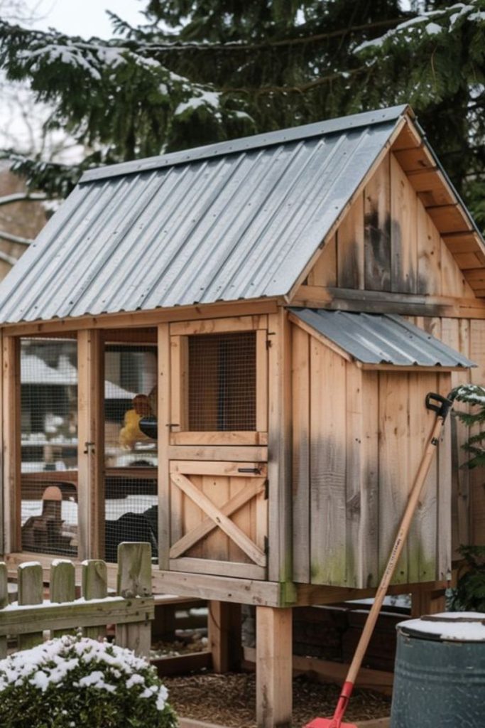 Garden integrated shelf style chicken coop setup