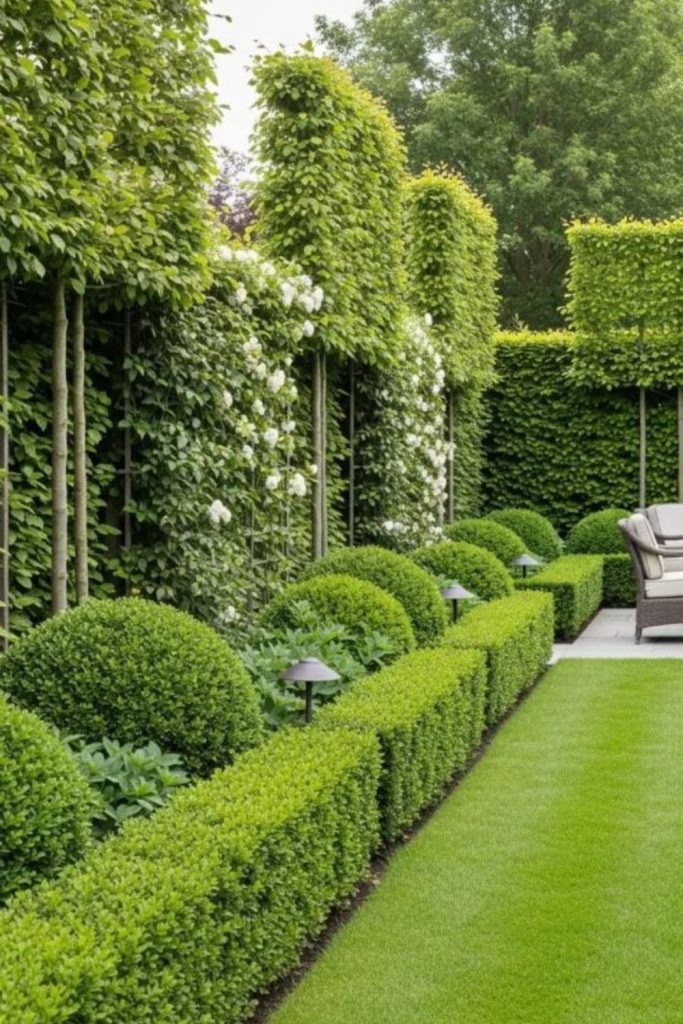 Structured hedge pavilion geometric outdoor garden room