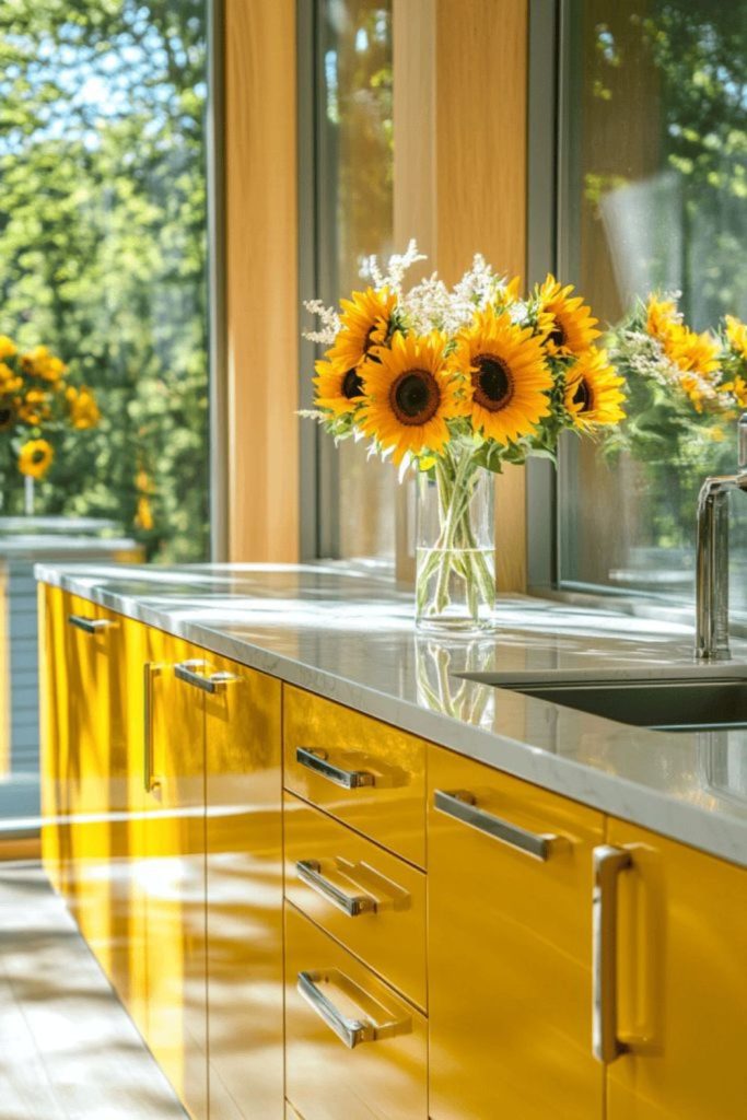 Yellow painted cabinets with warm citrus kitchen finish