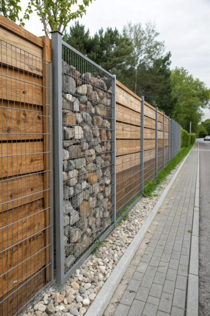 Stone filled gabion wire fence structure