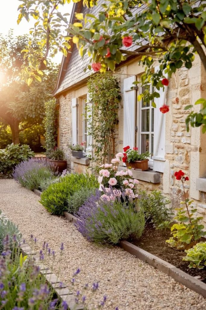 Formal gravel path hedged French garden walkway
