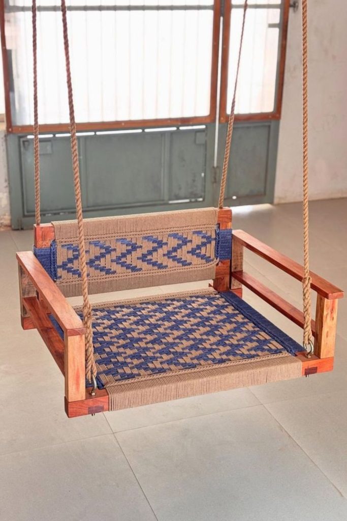 Tribal patterned woven fabric swing chair