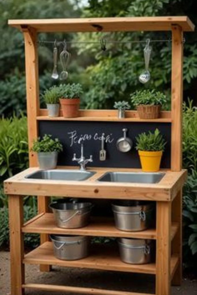 Hanging basket mud kitchen play setup