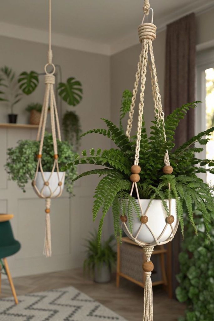 Hanging macrame plant holders porch style.