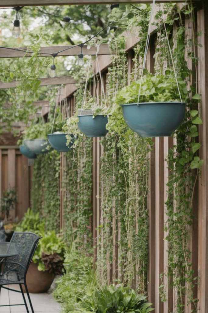 Hanging planter curtain privacy fence