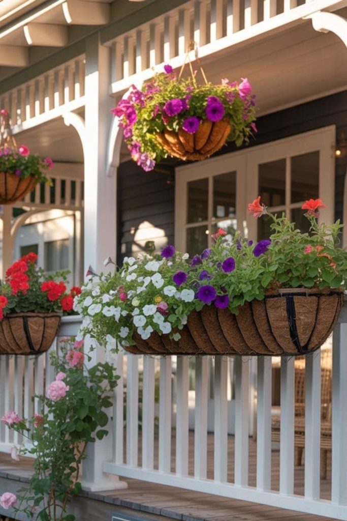 Railing hanging flower pot row display.