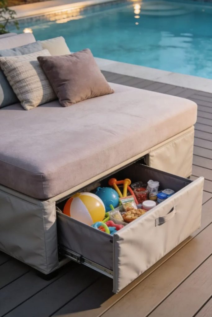 Hidden floor hatch storing pool inflatables