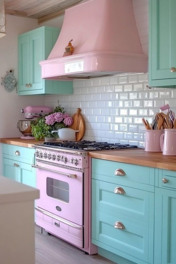 Ice cream themed kitchen with sweet pastel tones.