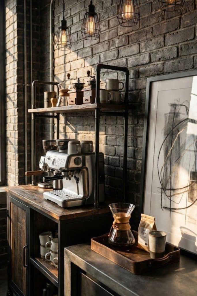 Industrial loft exposed brick coffee roast bar.