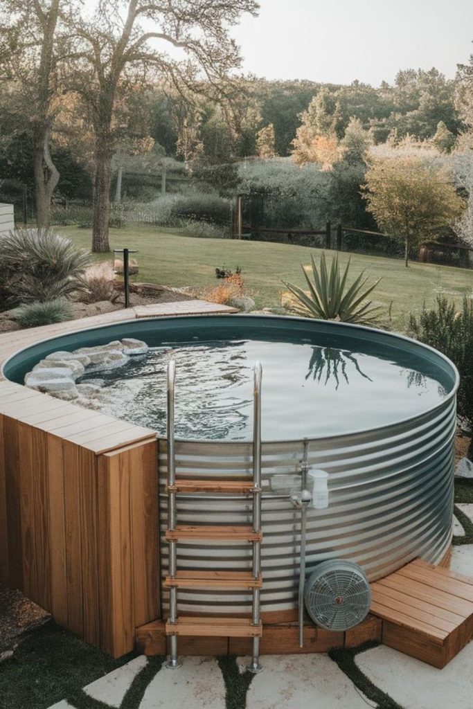Industrial metal tank pool, edgy modern backyard feature.