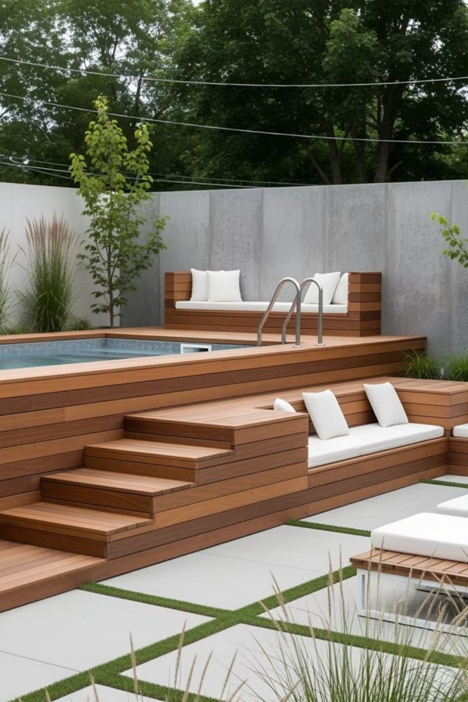 Infinity edge above ground pool, elevated seamless horizon effect.