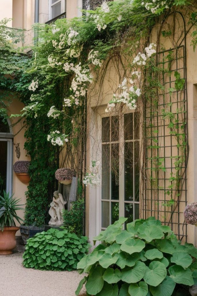 Ivy covered stone passage shaded secret garden walkway