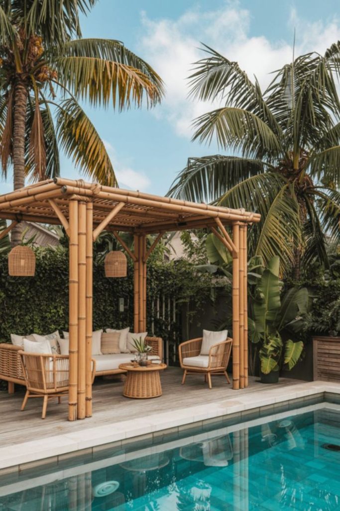 Jungle canopy pool, lush tropical immersive backyard setting.