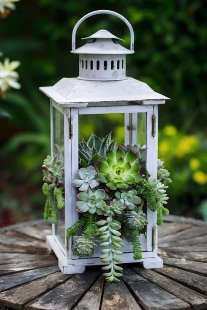 Glass lantern style flower pot display.