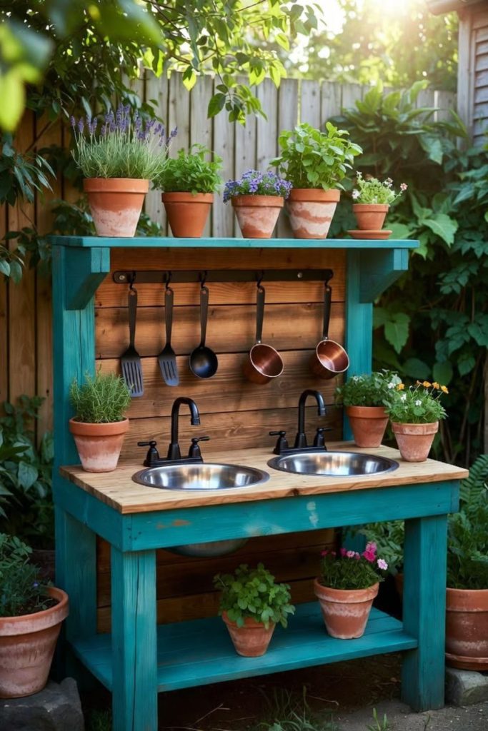 Leaf lined natural mud kitchen counter