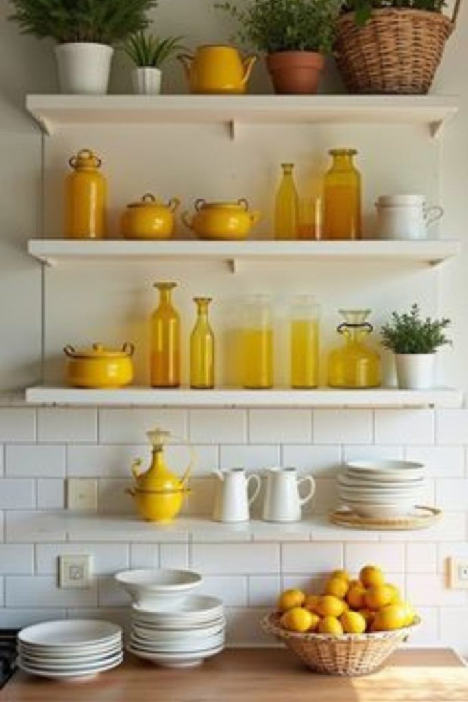 Open shelves displaying lemon themed pottery and glassware