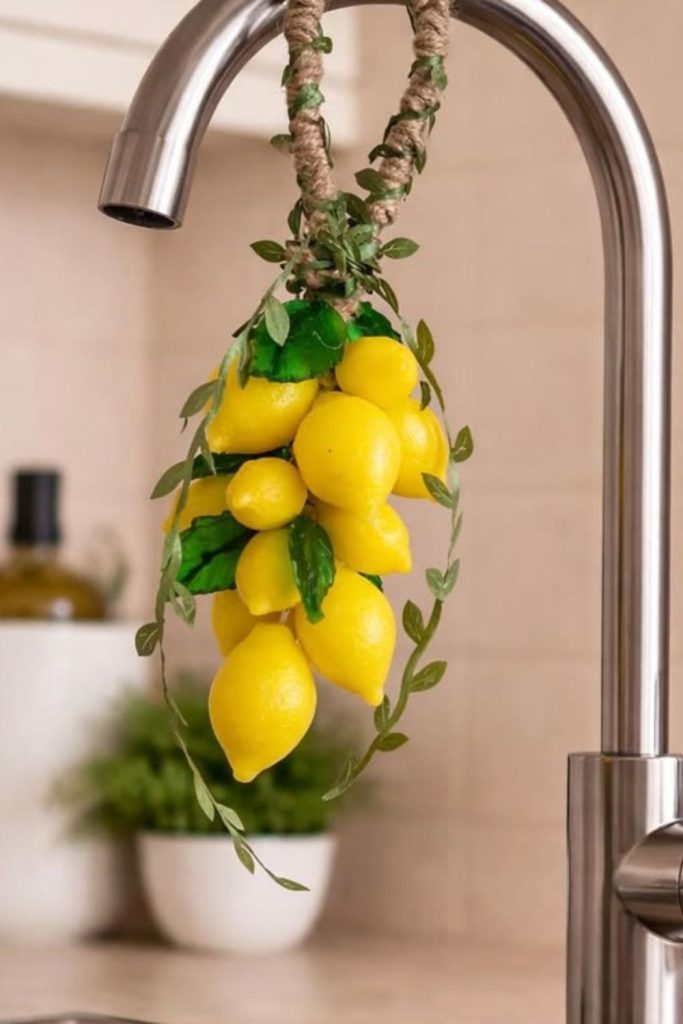 Dried herbs hanging with lemon inspired rustic kitchen style