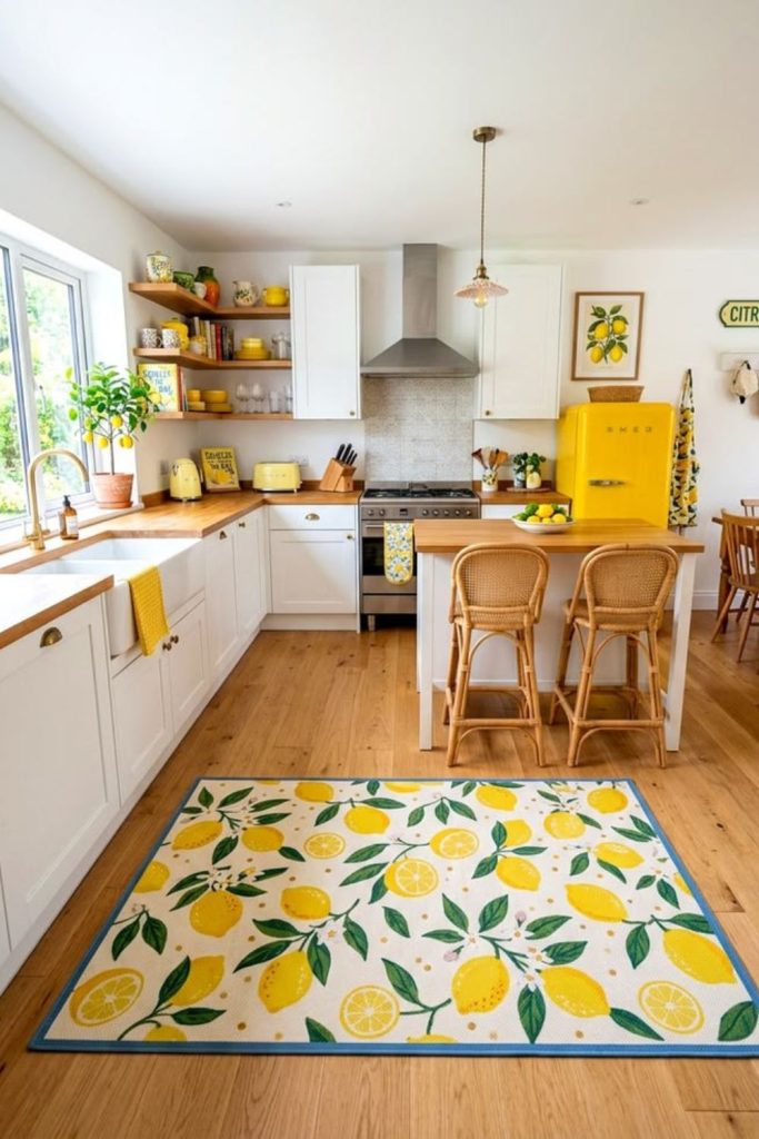 Citrus mosaic flooring adding bright kitchen walkway design