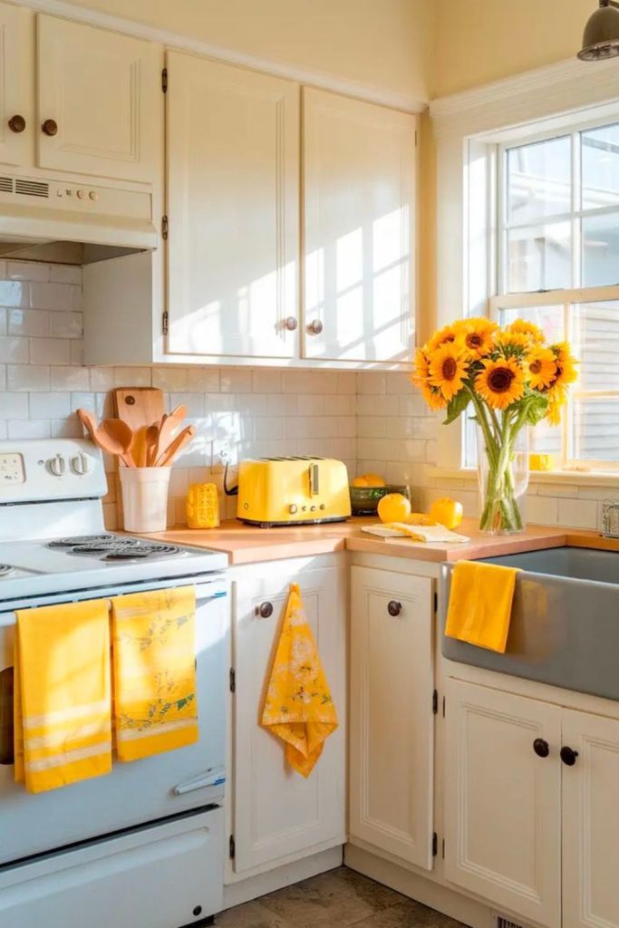 Soft yellow ceiling trim enhancing kitchen visual height