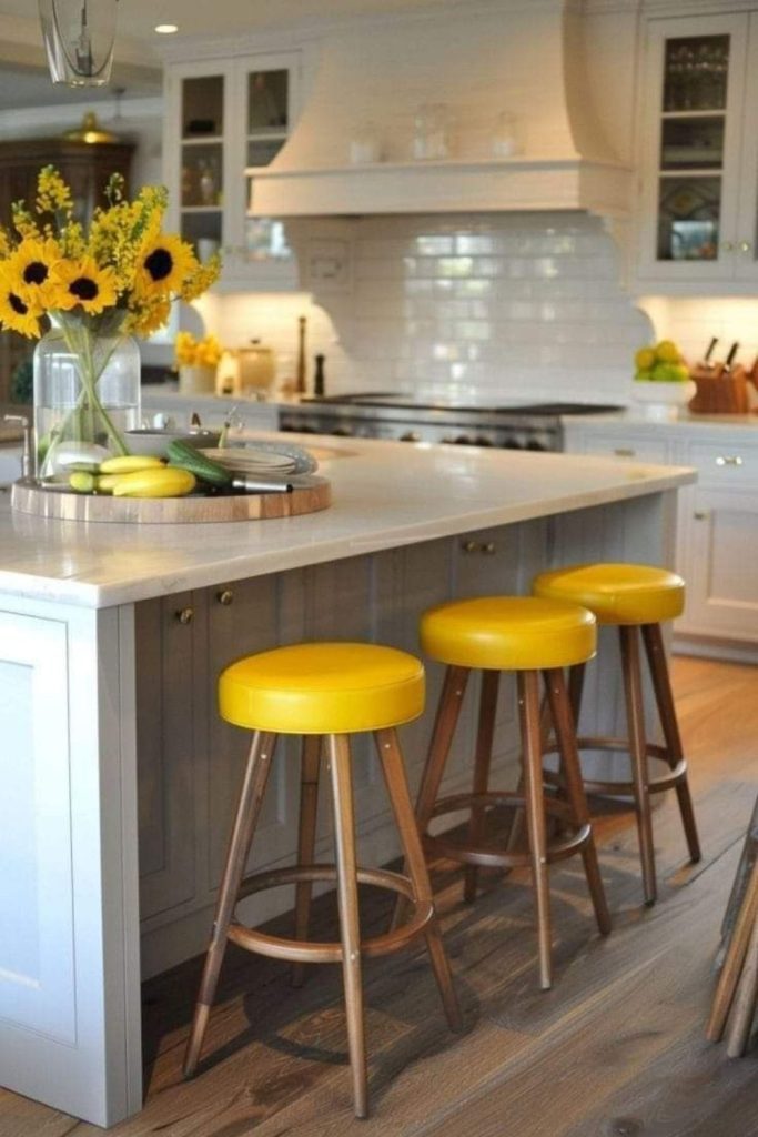 Yellow wooden stools with rustic lemon inspired design