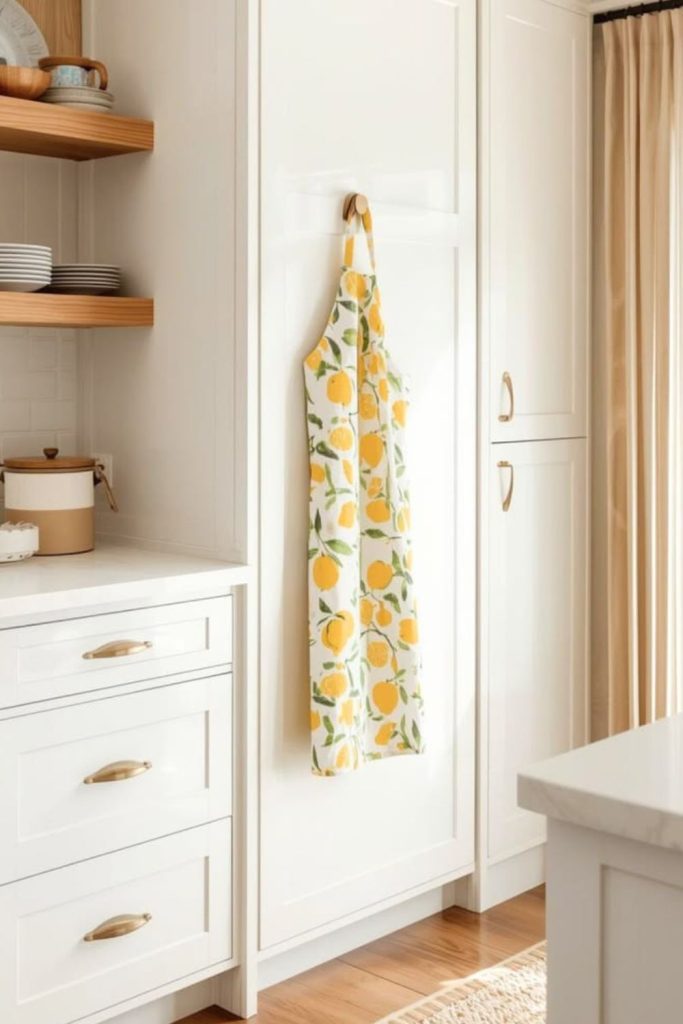 Hanging aprons with lemon prints kitchen organization decor