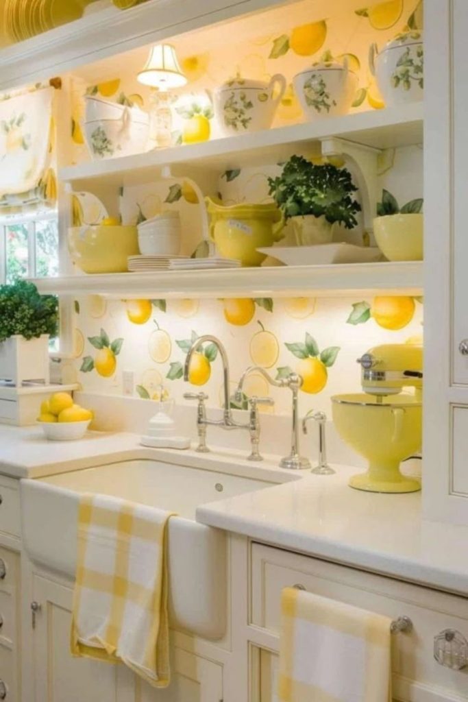 Lemon wallpaper backdrop behind decorative kitchen shelving