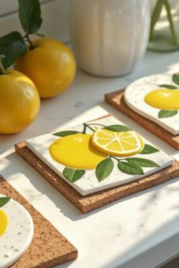 Stone counter edges with subtle citrus design accents