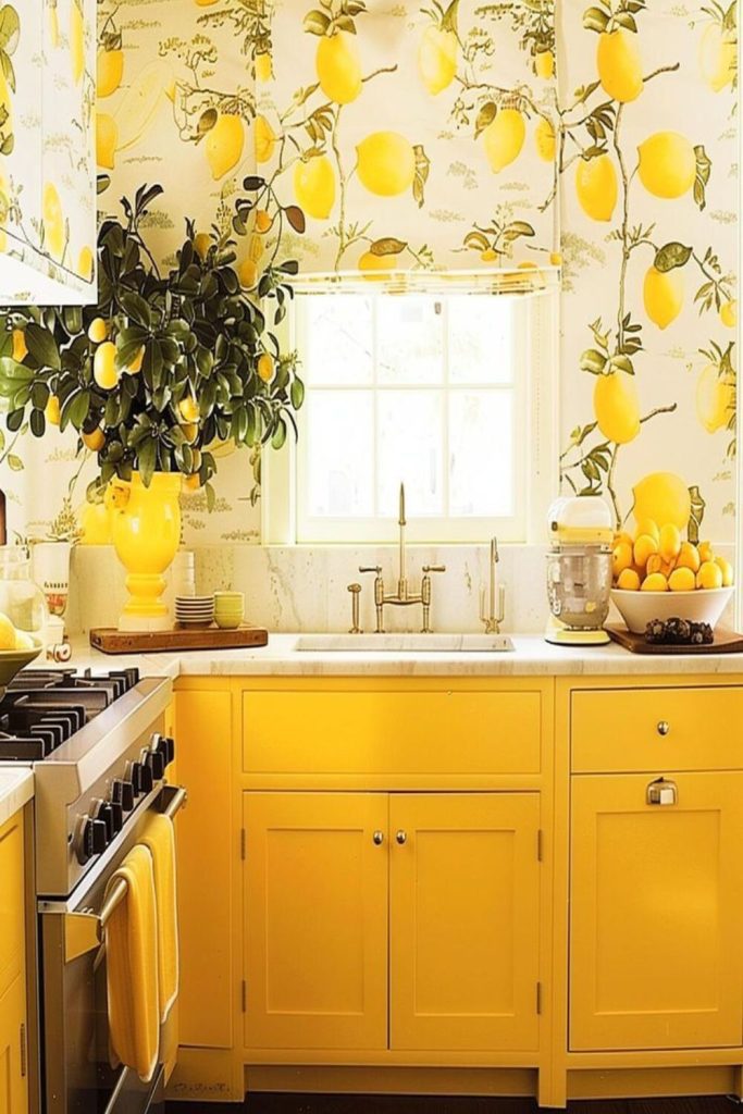 Gallery wall featuring citrus themed kitchen artwork frames