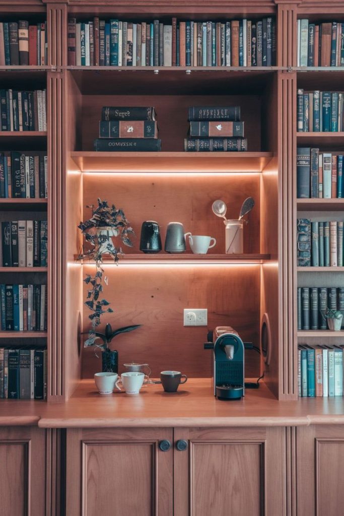 Library inspired cozy intellectual coffee reading den.
