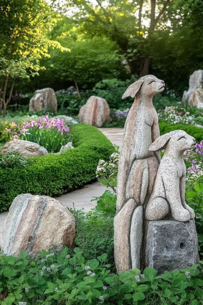 Limestone statues formal artistic French garden display