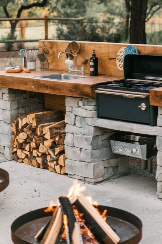Log seating grill rustic campfire vibe.