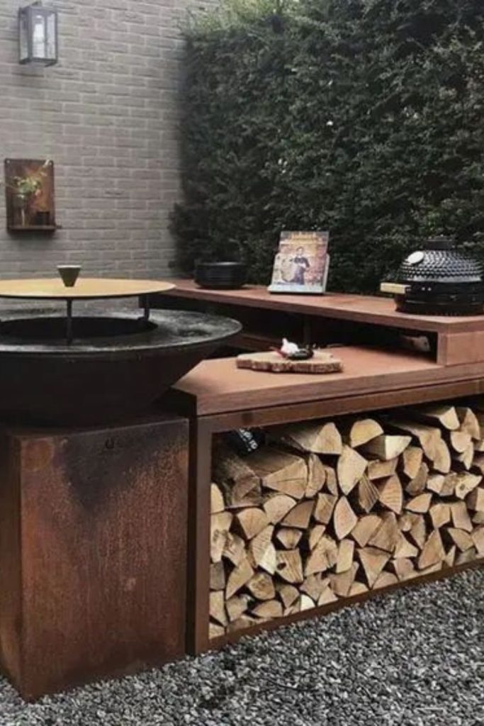Log stack rustic fire grill.