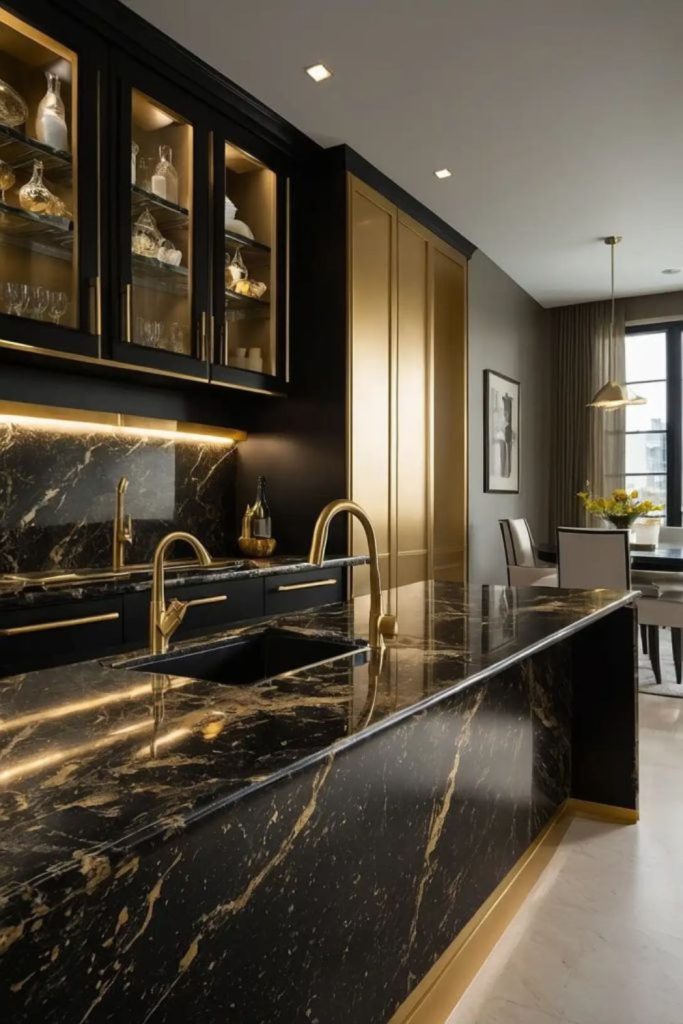 Black gold luxe dramatic kitchen aesthetic