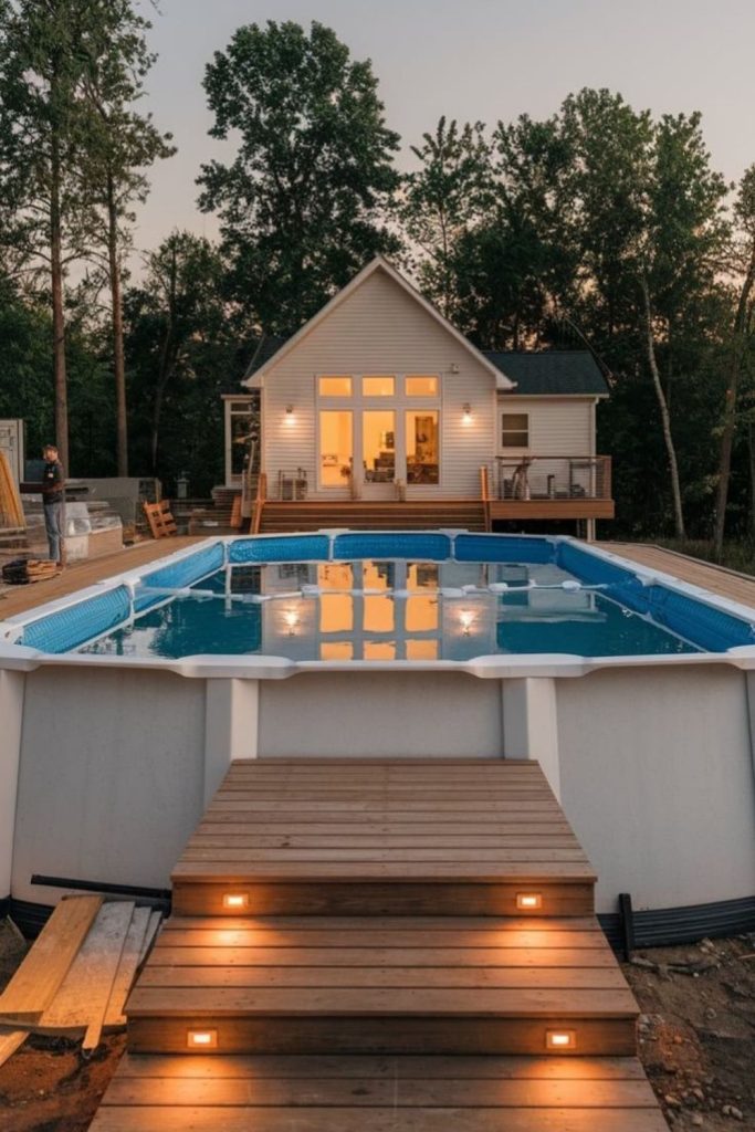 Luxury resort pool, elegant relaxing high end backyard design.