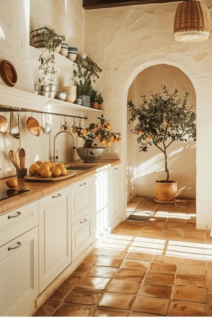 Mediterranean coastal olive kitchen aesthetic