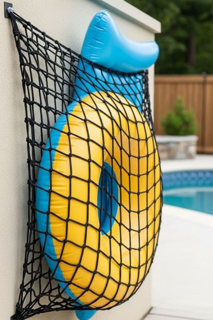 Mesh hammock holding inflatable pool toys