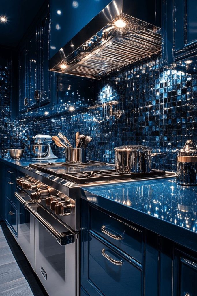 Dark galaxy kitchen with cosmic star details.