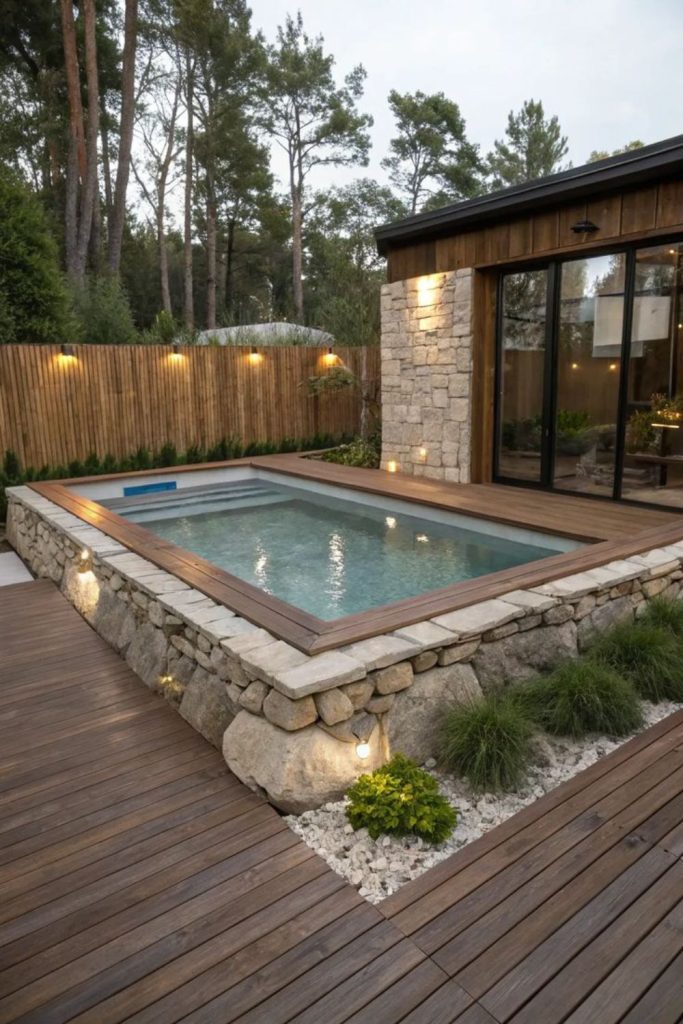 Gravel surround pool, minimal clean modern outdoor layout.
