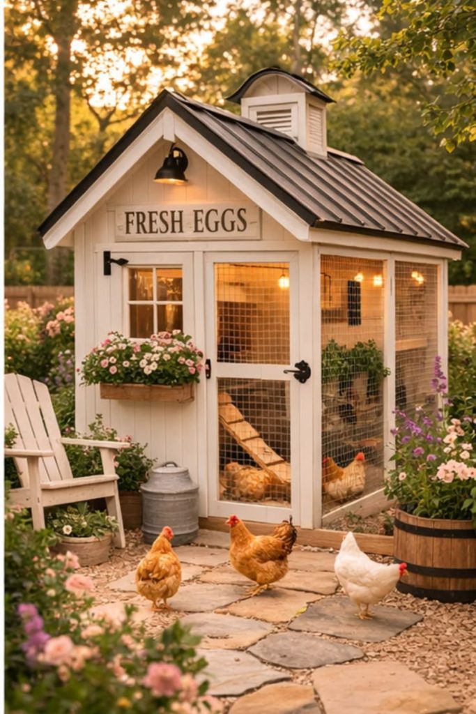 Minimalist white modern chicken shelf coop layout