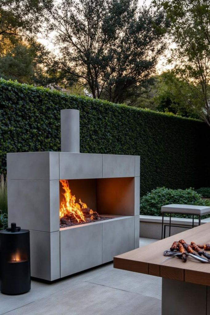 Industrial steel sculptural outdoor fireplace