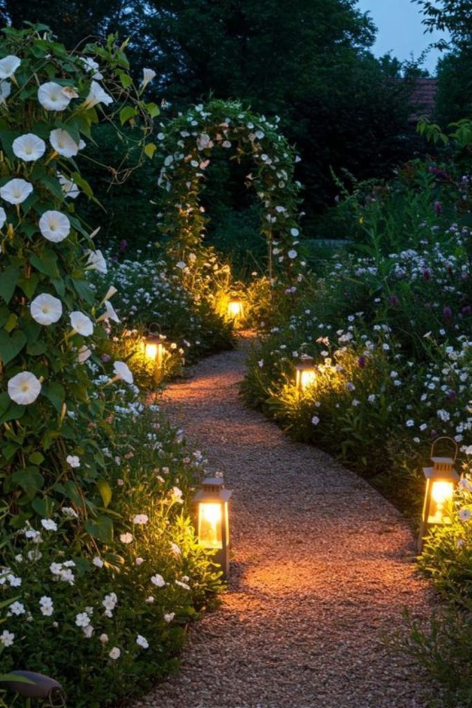 Moonlit glowing serene nocturnal French garden scene