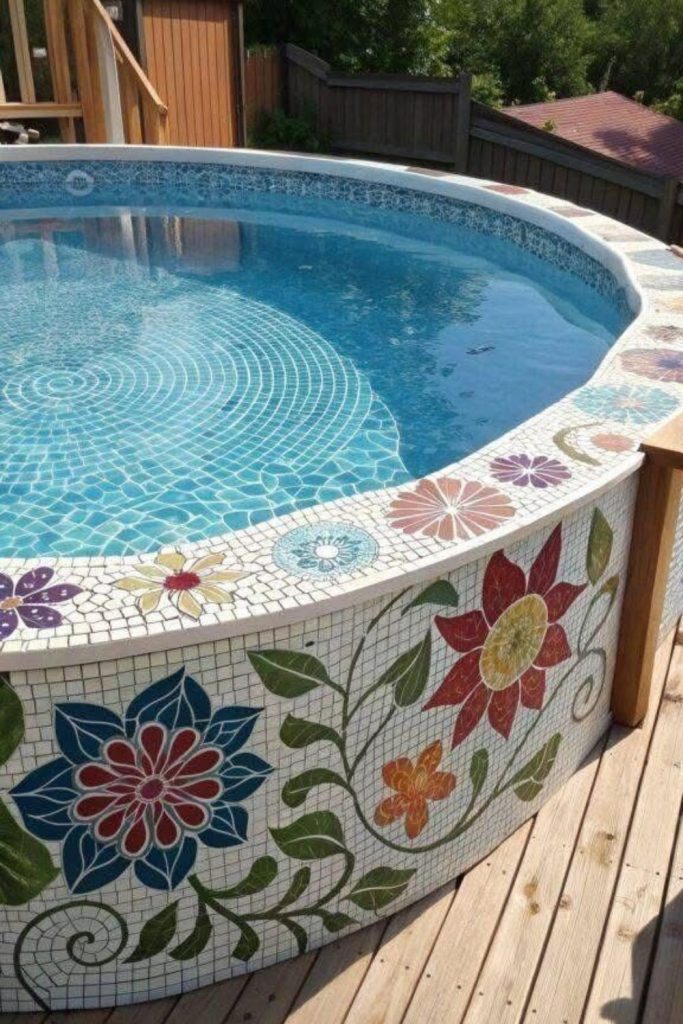Mosaic tile pool, colorful shimmering artistic water design.