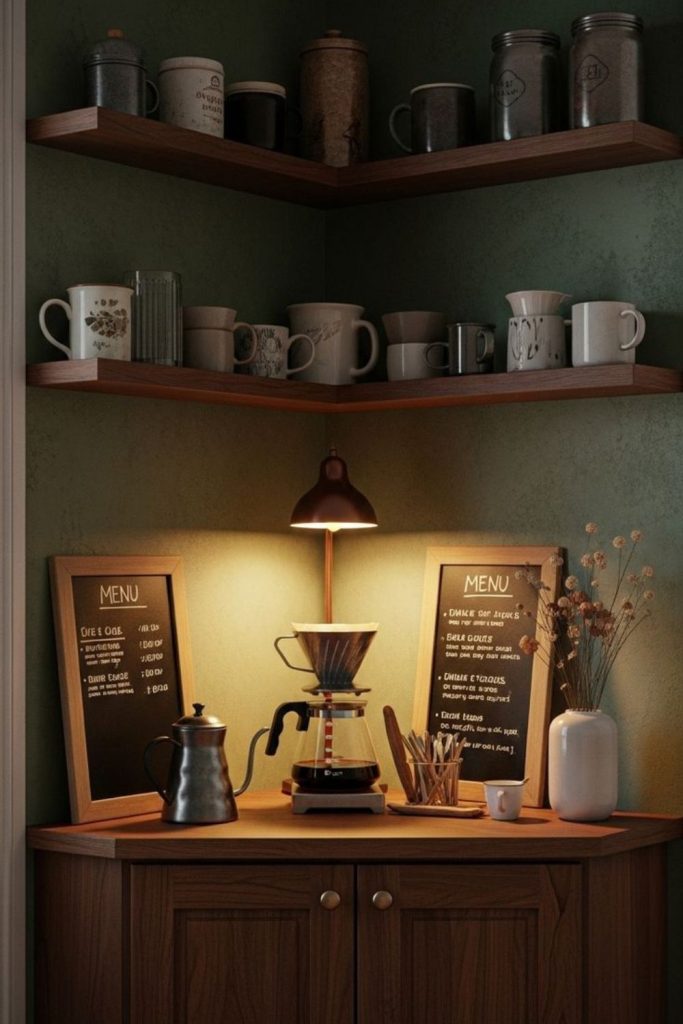 Mountain cabin cozy wooden coffee corner retreat.