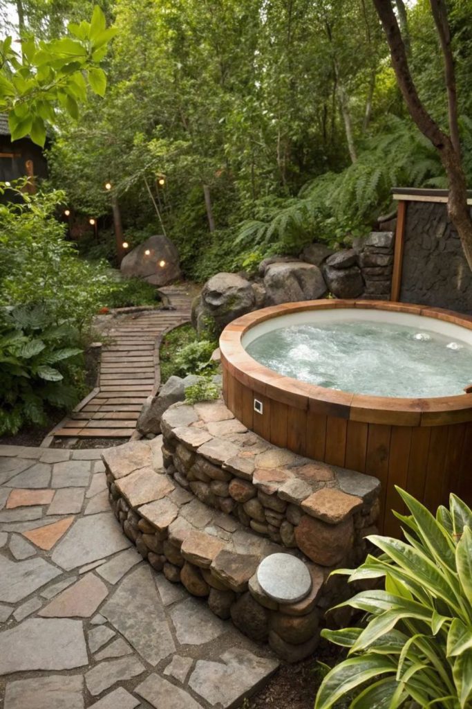 Mountain cabin pool, rustic woodland serene outdoor retreat.