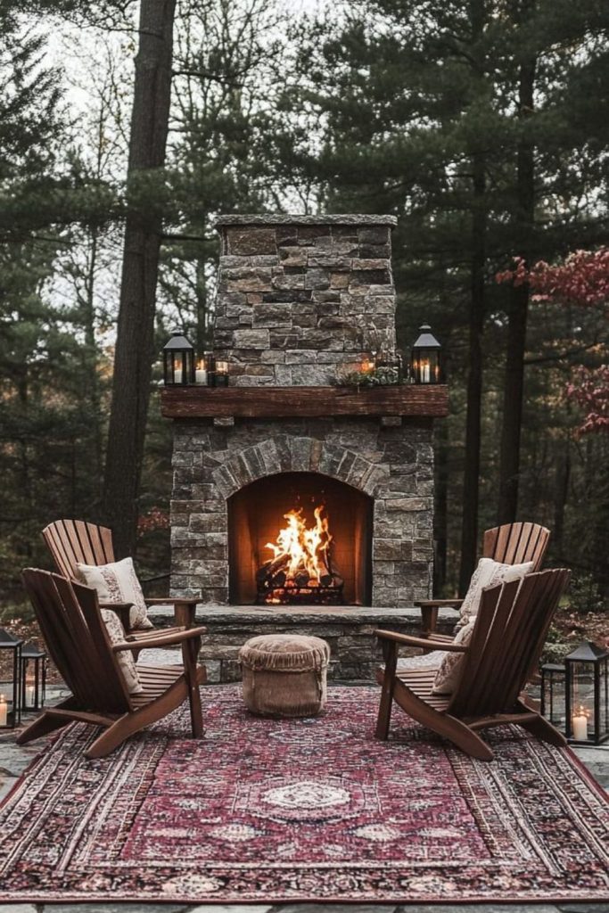 Cabin style mountain fireplace scene